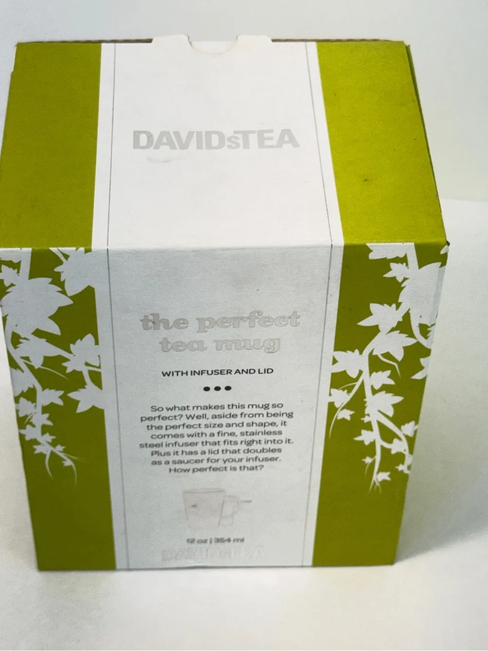 Davids Tea Perfect Mug, Apple Green, “Ivy” Pattern, Lid, Infuser, Box, Good